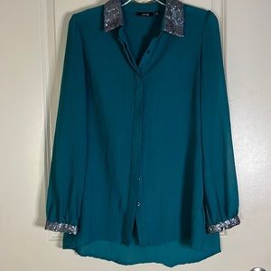 Teal long sleeve button down blouse